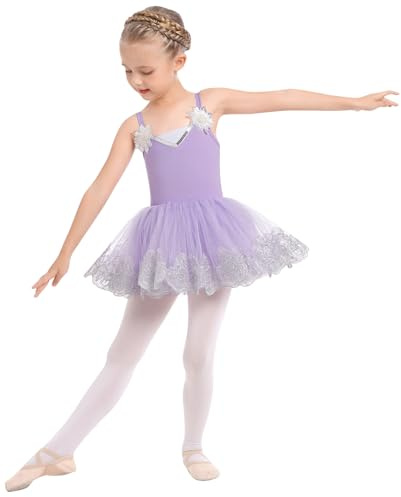 Odizli Vestido de ballet para niñas y niños, espaguetis con cuello en V, lentejuelas, flores, vestido de ballet, morado, 11-12 Años