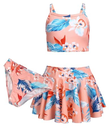 Arshiner Niñas Conjunto de Bikini Traje Baño de Verano de 3 Piezas Niños Tankini De Tres Piezas con Falda Estampado Floral Traje de Baño Bikinis para Niñas 11-12 Años