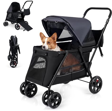 COSTWAY Pet Stroller, Foldable Dog Pushchair Cat Pram with Dual Entry, Ramp, Adjustable Canopy, Safety Belt, 4 Wheels Pets Travel Buggy for Dogs Cats