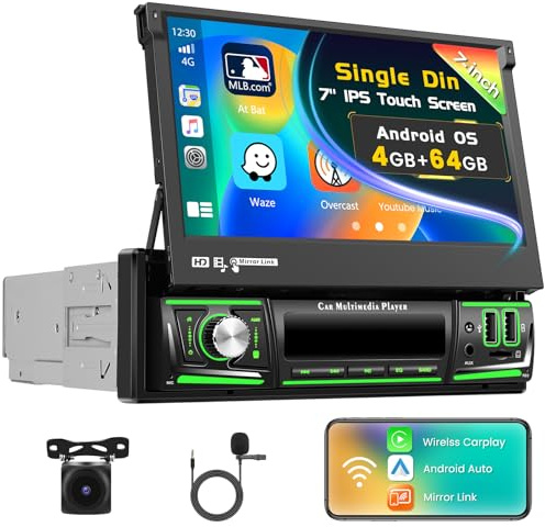 Inefala 4G+64G Android 15 Radio de Coche 1 DIN con CarPlay Inalámbrico Android Auto, Autoradio Bluetooth con Pantalla Retráctil Manual de 7 Pulgadas WiFi GPS FM/RDS USB SWC Mic Cámara Marcha Atrás