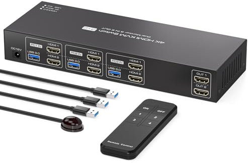 PVBCTCSID Switch KVM 3 PC 2 Monitor HDMI 4K60Hz Supporto Emulazione Edid USB 3.0 KVM Switch 3 Porte 3 In 2 Out per 3 Computer 2 Monitor e 4 Dispositivi USB3.0 con Telecomandi e 3 Cavi USB
