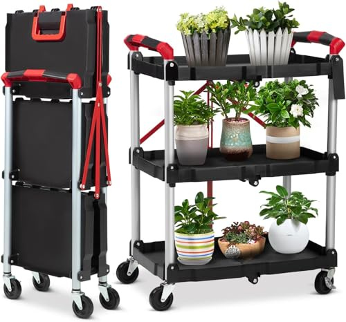 3 Tiers Folding Tool Trolley On Wheels, Foldable Utility Carts With Fixed Rope, Heavy-Duty Folding Service Cart, 167 Lbs Total Capacity, for Home Office Garage Warehouse Black