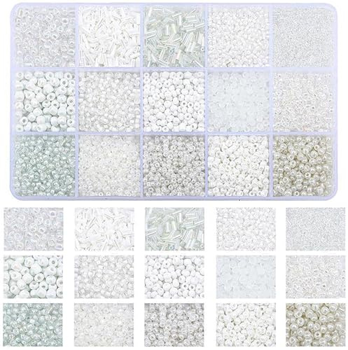 Ensemble de perles en verre de 15 couleurs, petites perles de graines et perles d’arc en boîte de rangement, pour la création de bijoux pour bracelets, colliers, boucles d’oreilles (blanc/beige