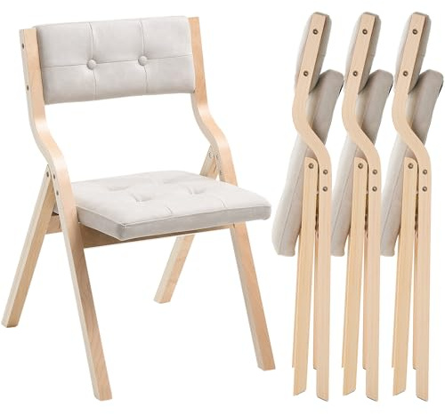 VEVOR Klappstuhl Gartenstuhl mit gepolstertem Kissen & Holzrahmen 4 STK. moderner Esszimmerstuhl für Küche Büro Party, Küchenstuhl bis 180 kg belastbar (pro) faltbar Beige + weiß platzsparend