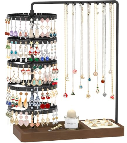 MODOWEY Earring Holder Organizer Jewelry Stand, 285 U-Slots Adjustable Rotating Earring Tree Rack, 14 Hooks Tall Necklace Display for Women, 5 Tier Compact Large Capacity Tower with Ring Tray, Black