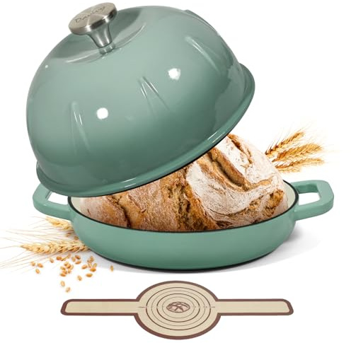 Davivy Forno olandese in ghisa smaltata per pane a lievitazione naturale, pentola olandese con coperchio a cupola – con fionda per pane, sale marino verde