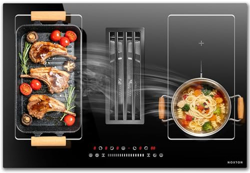 NOXTON Plaque Induction 4 Feux avec Hotte Aspirante 135W | Zone Flexible, Booster, Sécurité Enfant, Minuterie, Pause, 9 Niveaux de Puissance, Encastrable, 77 CM, 6400W