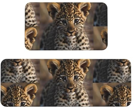 Cute Leopard Print Kitchen Rugs Set of 2, Cushioned Anti-Fatigue Kitchen Mats for Floor, Waterproof Comfort Standing Mat Absorbent Velvet Kitchen Runner Rugs 17x30+17x47