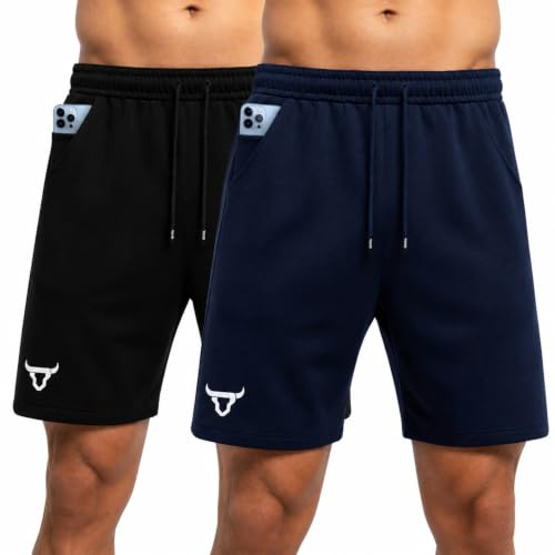 TORO ACTIVA Pack of 2 Men Active Wear Running Shorts Workout Side Invisible Zip Pockets Adjustable Waist Draw String Cord Gym Training Shorts Lightweight Black Navy