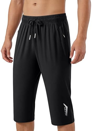 3/4 Length Shorts Men Ice Silk Elastic Drawstring Waist Capri Trousers with Zip Pockets Quick Dry Casual Trousers Athletic Pants for Summer Running Gym Casual Style Black L