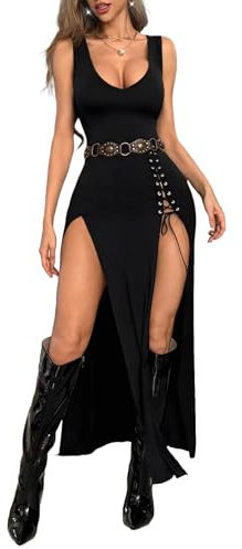 GothDark Women's Sexy Party Bodycon V Neck High Slit Gothic Maxi Dress | Eyelet Lace-Up Detail, Double High Slits, Bodycon Fit, High Waist, Sleeveless, Parties & Evening Gown