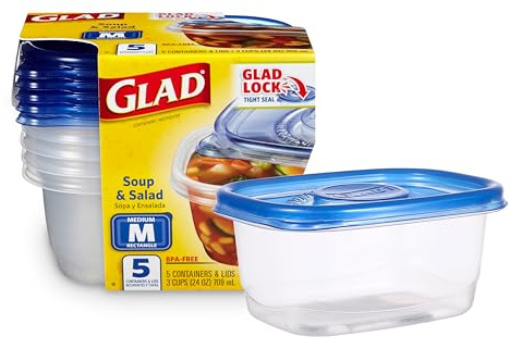 Glad GladWare Medium Rectangle Food Storage Containers with Lids, BPA Free Plastic for Soups Salads and Meal Prep, Airtight Leak Resistant, Microwave Dishwasher Freezer Safe, 24 Oz, 5 Count
