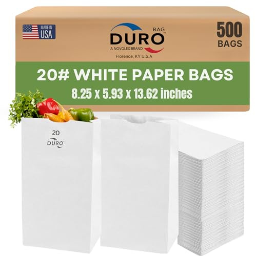 DURO 20# Large White Paper Bags Bulk, 500-Count, 8.25x5.93x13.62 Inches, Ideal for Deli Bagels & Bread, Restaurants, Takeout, Grocery, & Home, Large White Paper Lunch Bags, Disposable Bag: 51041