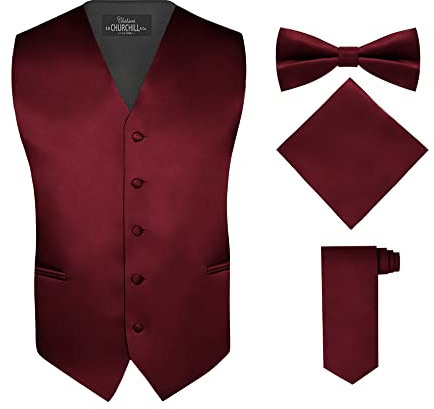 S.H. Churchill & Co. Men's 4 Piece Vest Set, with Bow Tie, Neck Tie & Pocket Hankie - Burgundy, M