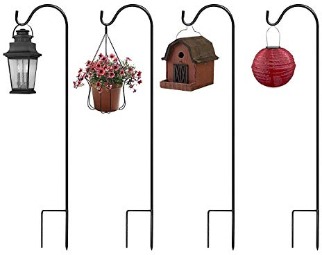Urban Deco Shepherds Crook Hooks for Garden Lights Adjustable Metal Stake Hangers Garden Heavy Duty Plant Hooks for Garden Lights Weddings Plant Baskets Lantern Bird (4 Pack Black)