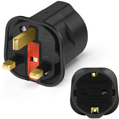 VGUARD European to UK Plug Adaptor, BS8546 Certified Travel Adapter 2-Pin to 3-Pin, EU Schuko to UK Plug with 13A Fuse for Europe French Spanish German Turkish to UK Socket, 1 Pack - Black