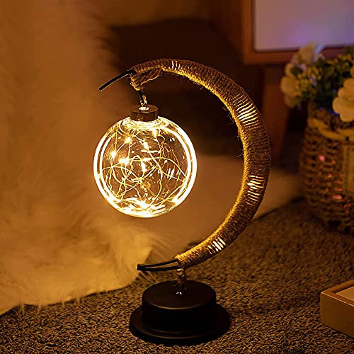 Lámpara lunar encantada, lámpara colgante de luna, luz de noche con soporte, marco de metal, cuerda de cáñamo hecha a mano, para hogar, bar, dormitorio, mesita de noche, decoración romántica de