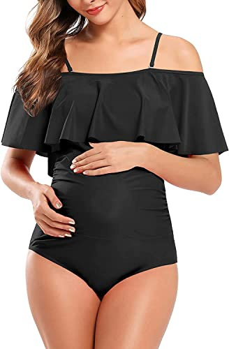 SHEKINI Trajes de baño de maternidad con hombros descubiertos, traje de baño de una pieza con volantes y volantes para embarazo, Negro, 52