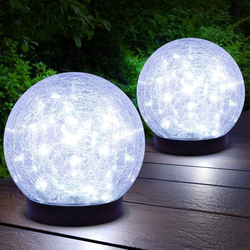 ASOMST 2-Pack Garden Solar Lights Outdoor, Cracked Glass Ball Light Waterproof, Decorative Solar Powered Globe Lighting Cool White for Yard Pathway