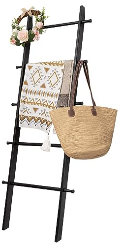 HYBDAMAI 5-Tier Blanket Ladder – 4.8 Ft Wall Leaning Quilt Rack, Farmhouse Blanket Storage for Living Room, Bedroom & Bathroom – Rustic Decorative Wooden Towel & Quilt Holder, Easy to Assemble