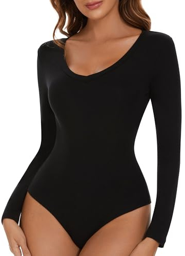 SHAPERIN V Neck Bodysuit Women's Bodysuits Long Sleeve Body Suit Leotards for Women Jumpsuit Top Sexy Bodysuits Tops Black S