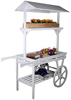 PRUJOY Carro Grande para Flores de 3 Niveles, macetero de Madera Maciza, Soporte para Plantas con Carrito, Estante de exhibición para decoración de jardín (White)