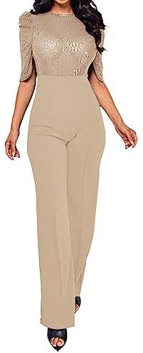 IQYU Byxdress dam festlig elegant bröllop – jumpsuit dam elegant paljett glitter overall cocktail byxkostymer sommar jumpsuits sexig onepiece långa sommaroveraller festkläder kostym