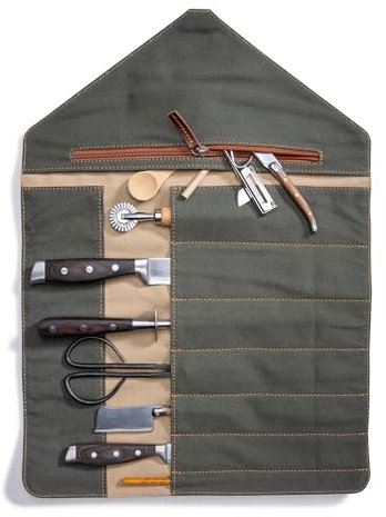 Angus Stoke Bolsa exclusiva para cuchillos de cocina de piel de búfalo, 7 cuchillos enrollables con compartimentos adicionales, Gordon, Marrón, 57 cm x 57 cm x 38 cm