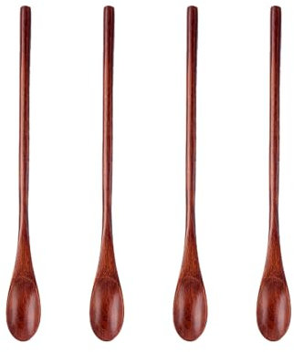 4 Stück Lange Löffel aus Holz, Honiglöffel Holz, Vintage Wiederverwendbare Holzdinnerutensilien, runde Löffel, Handgefertigte Naturholz Rührlöffel, für Haus Cafe Restaurant Camping, Reisen