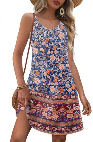 EIRUKON Robe D'été Femme sans Manches Col V Boheme Robe de Plage Chic et Elegant Mini Robes Fleurie Décontractée Bretelles Spaghetti Tunique Robes avec Poches