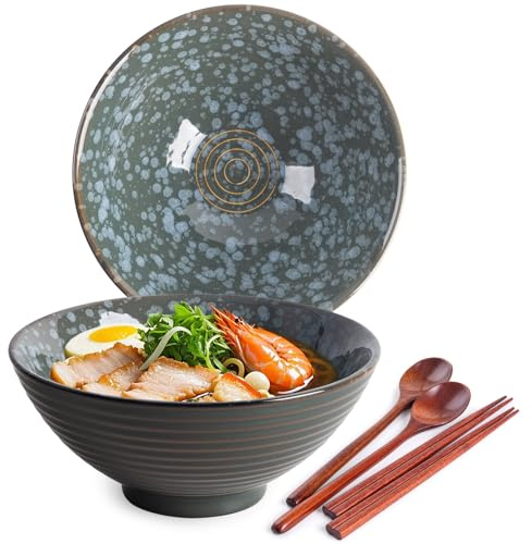 Auanlay 2 x 1200 ml Ramenskål av Keramik med Ätpinnar och Sked, 20 cm Stor Soppskål (Jadetopf)