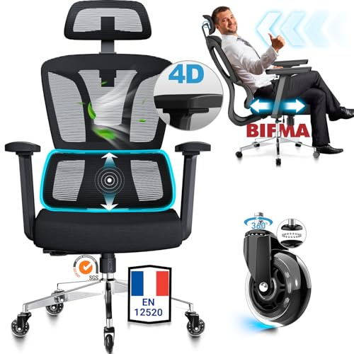 MELOKEA Bürostuhl Ergonomisch, 4D-Armlehnen, Verstellbare Sitztiefe, Gummirollen, 4-stufige Neigung, Hohe Lehne, Bequem für Große Menschen, Ergonomischer Bürostuhl 200KG, Schreibtischstuhl Ergonomisch