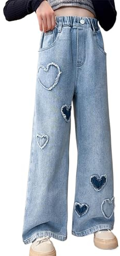 Rolanko Jean Baggy pour Filles, Taille Haute Élastique et Jambes Larges Pantalon en Denim de Bootcut Ample pour Enfants 6 à 15 Ans