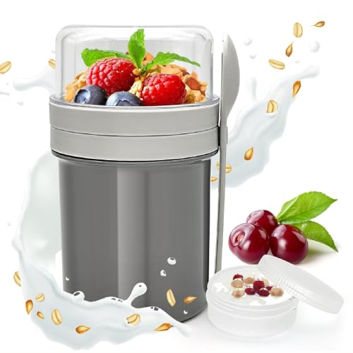 ZHYTUAL Taza Portátil para Desayuno Mixto Porta Yogur Muesli Cup Práctica Taza para Yogur con Cuchara Overnight Oats Jar Adecuada para Salidas Trabajo Escuela Picnics Gris