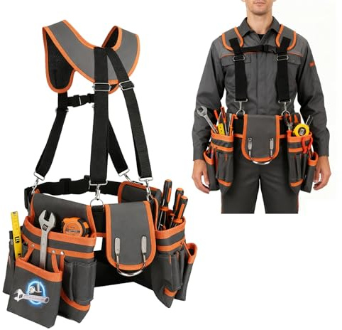 Cintura Porta Attrezzi da Lavoro, Borsa Attrezzi Elettricista con 20 Tasche, Cintura Porta Attrezzi con Bretelle, Staccabile e Regolabile, Cintura Attrezzi Lavoro per Elettricista, Edilizia