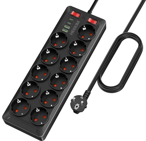 HEEKIM Regleta Enchufes USB, Regleta 4000W 16A con 11 Toma de Corriente y 2 USB-A y 2 USB-C Puertos, 2 Interruptores, Enchufe Multiple Cable de Extensión 2M para Hogar, Oficina, Escuela (Negro, 2M)