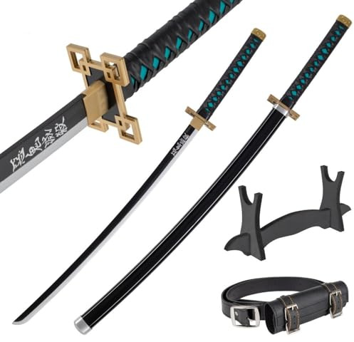 Katana Legno 77 cm con Cintura e Supporto - Damon Slayer Spada Ninja per Cosplay Anime e Costume Carnevale - Catana Giapponese Wakizashi Decorativo - Katane Giapponesi in Bambù (Non Affilata)