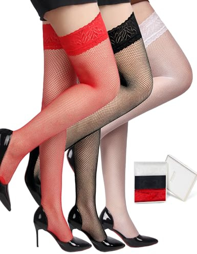 ohmydear Plus Size Fishnet Stockings Lace Top Hold Ups Sexy Thigh Highs | XS-5XL, Double Anti-skid Silicone Stay Up, Soft Stretch Nylon Yarn, Box Package, Fish Net Holdups, Stocking Lingerie Outfits