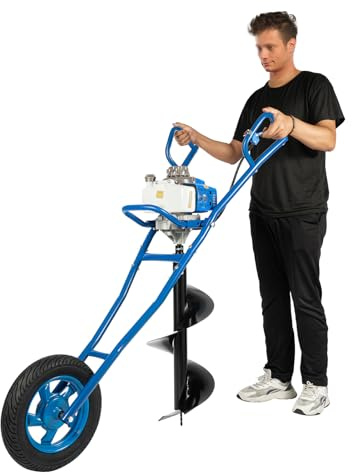Balider Tarière à moteur 2 temps - 63 CC - Poussoir manuel à essence à gaz - Brouette avec roues - Pour clôture, jardin, plantation d'arbres (bleu)