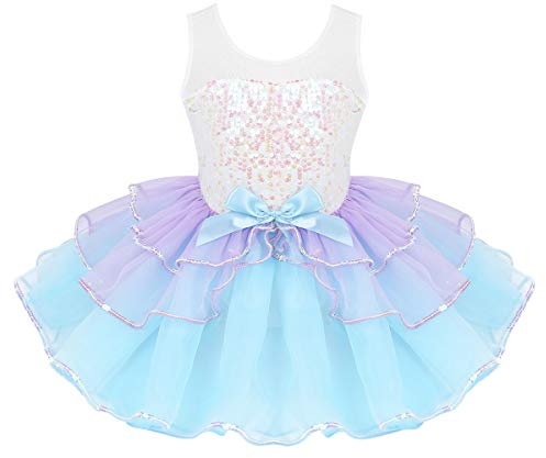 Freebily Dansare för flickor karneval med paljetter Tutu regnbåge enhörning prinsessa balettbalett svansjön konståkning, Himmelsblå, 7-8 år