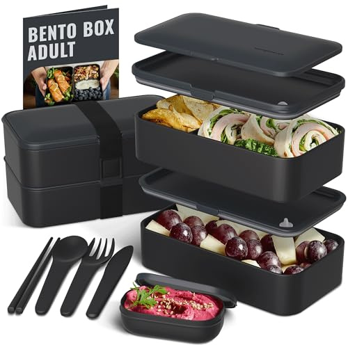 Bentoheaven Premium Bento Box vuxen lunchlåda med 2 fack (40 oz), bestick och set med ätpinnar, stor dippbehållare, söt svart japansk Bento box, rektangel, mikrovågsugn (yttre utrymme)