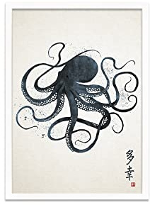 Strand Clothing Japanese Octopus Calligraphy Art Print Poster - Woodblock Ukiyo-e Wall Art (A3 White Frame Small)