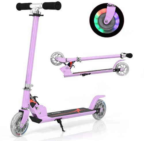GYMAX Kids Stunt Scooter, Folding Kick Push Scooter with 2 Flashing Wheels and Adjustable T-bar, Perfect as a Gift for 4-13 Years Boys Girls (Purple)