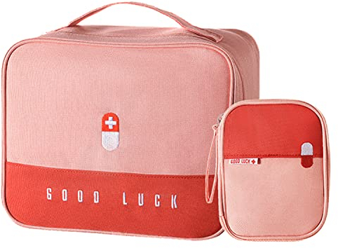 Nödväska tom, 2 st första hjälpen set vattentät läkemedel förvaringsväska bärbar medicinväska första hjälpen resväska för hem bil camping jakt resor natur och sport (stor + liten), Rosa + röd