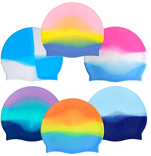6pcs Silicone Swim Cap for Boys Girls Silicone Kids Swimming Cap Women Men Small Head Swimming Pool Swimming Cap for Long Hair Short Hair Multi Color Unisex Bath Silione