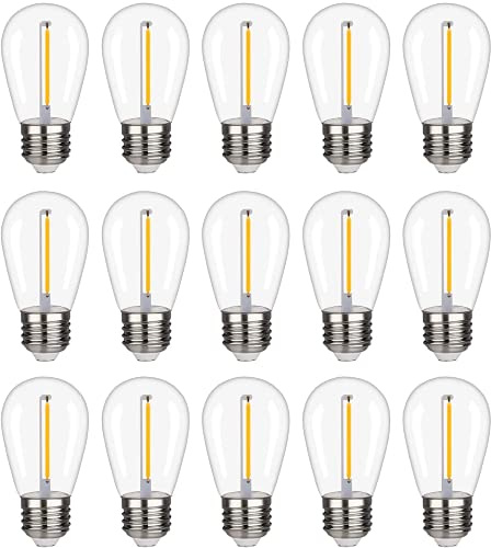FUTIME Paquete de 15 bombillas LED S14, 1 W, irrompibles e impermeables, para interiores y exteriores, bombillas LED Edison con base E26, blanco cálido 2200 K (S14, paquete de 15)