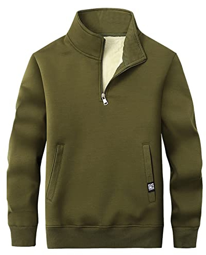 Jamron Hombre Invierno Cuello Alto Sudadera de Forro Polar con Media Cremallera Térmica Pullover Suéter con 2 Bolsillos Verde Ejercito XL