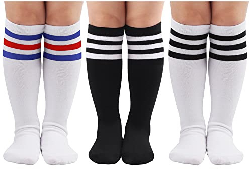 DRESHOW Chaussettes de Football Rayées pour Enfants et Adolescents Chaussettes D'uniforme Sportif en Coton pour Garçons et Filles