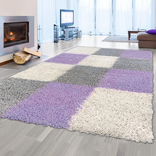 Shaggy Teppich Hochflor Gemustert in Karo Design Flieder Grau Creme 200x290cm