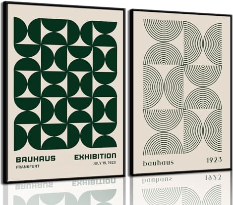 Bauhaus - 2 pósteres modernos de mediados de siglo, retro, exposición, impresiones verdes, bohemias, geométricas, abstractas, minimalistas, para decoración de pared, para dormitorio, sala de estar,